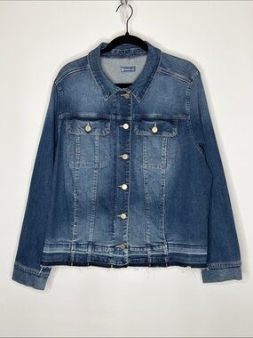 Democracy Jean Jacket in Medium Blue with raw edges, 2 XL